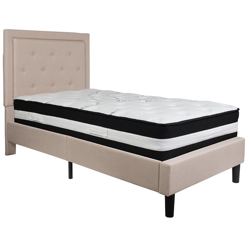 Twin Size Platform Bed in Dark Grey Fabric with Pocket Spring Mattress