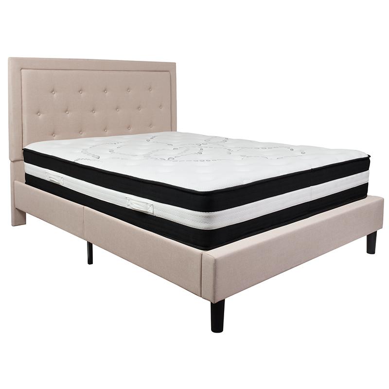 Queen Size Platform Bed in Light Grey Fabric with Pocket Spring Mattress