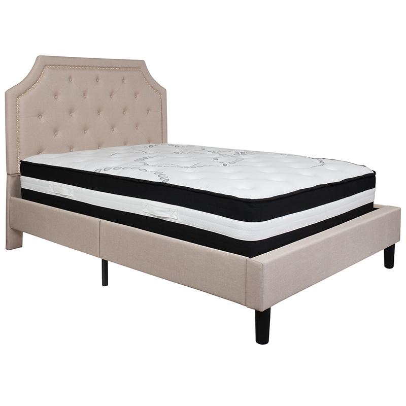 Full Size Platform Bed in Light Grey Fabric with Pocket Spring Mattress