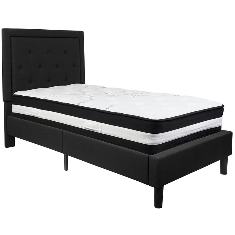 Twin Size Platform Bed in Dark Grey Fabric with Pocket Spring Mattress