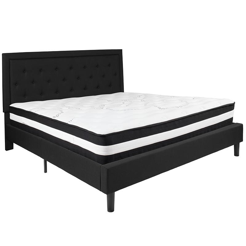 King Size Platform Bed in Black Fabric with Pocket Spring Mattress