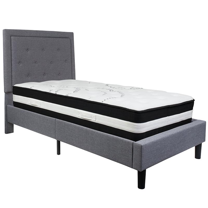 Twin Size Platform Bed in Dark Grey Fabric with Pocket Spring Mattress