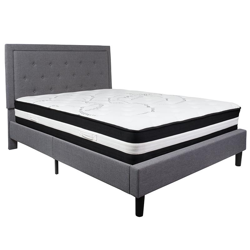 Queen Size Platform Bed in Light Grey Fabric with Pocket Spring Mattress