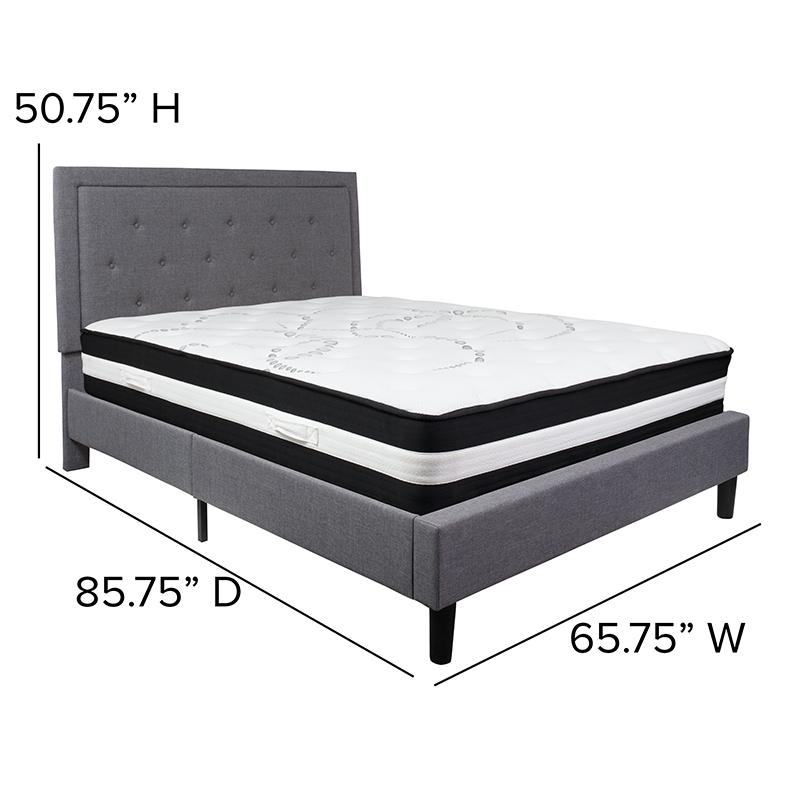 Queen Size Platform Bed in Light Grey Fabric with Pocket Spring Mattress