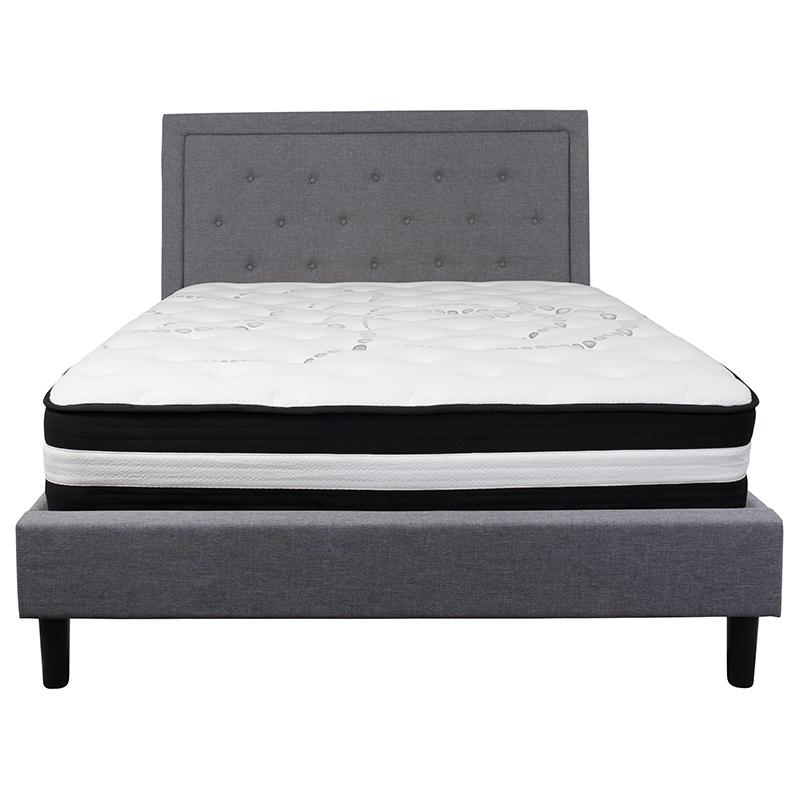 Queen Size Platform Bed in Light Grey Fabric with Pocket Spring Mattress