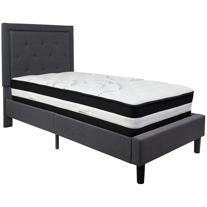 Twin Size Platform Bed in Dark Grey Fabric with Pocket Spring Mattress