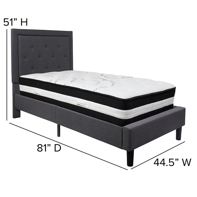 Twin Size Platform Bed in Dark Grey Fabric with Pocket Spring Mattress