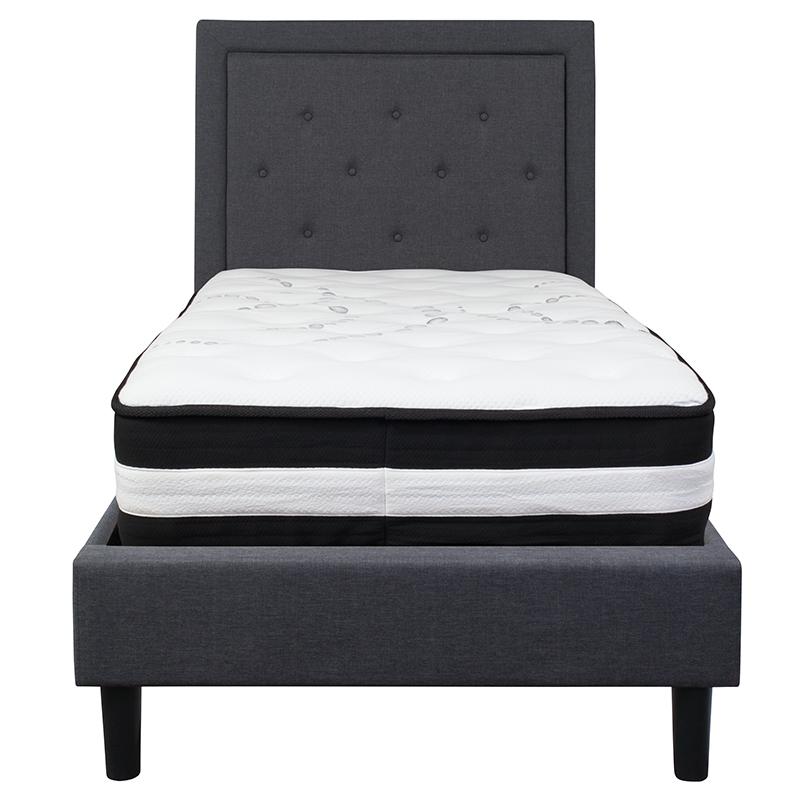 Twin Size Platform Bed in Dark Grey Fabric with Pocket Spring Mattress