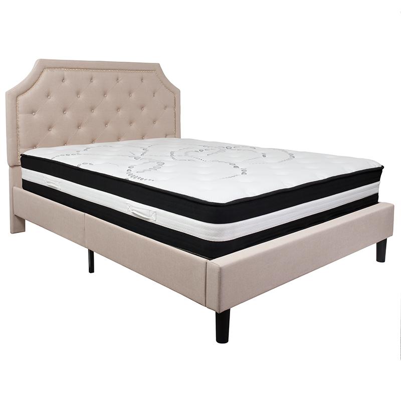 Queen Size Platform Bed in Light Grey Fabric with Pocket Spring Mattress