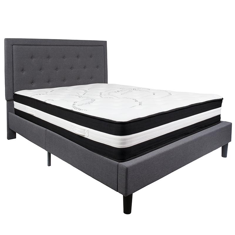 Queen Size Platform Bed in Light Grey Fabric with Pocket Spring Mattress