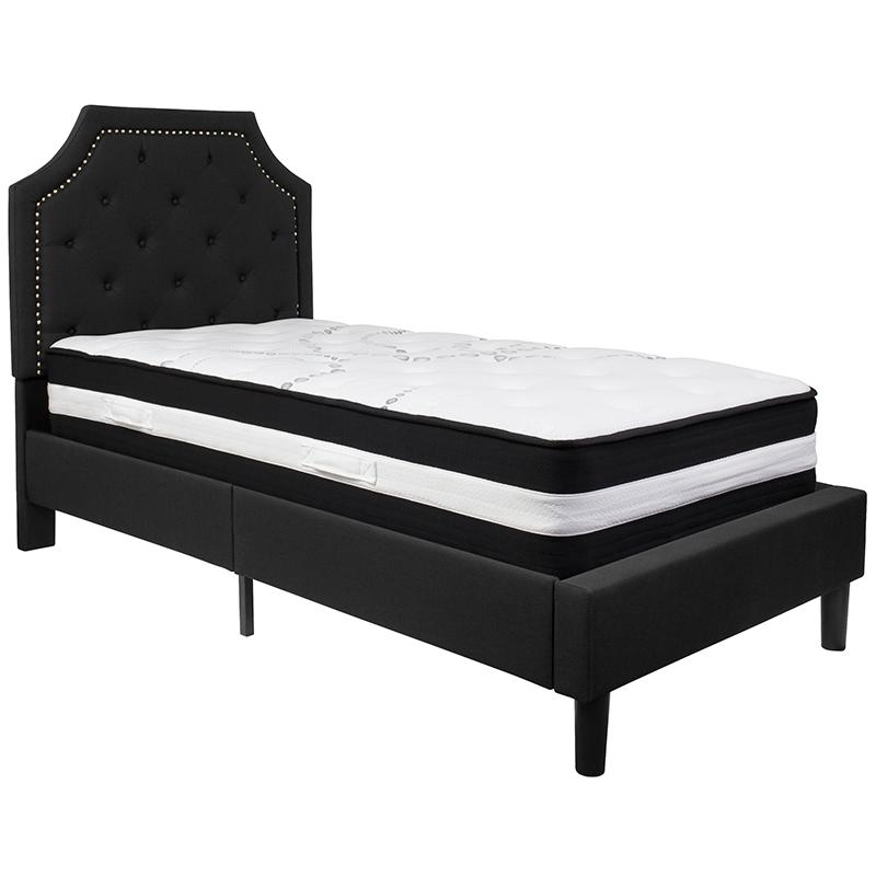 Twin Size Platform Bed in Dark Grey Fabric with Pocket Spring Mattress