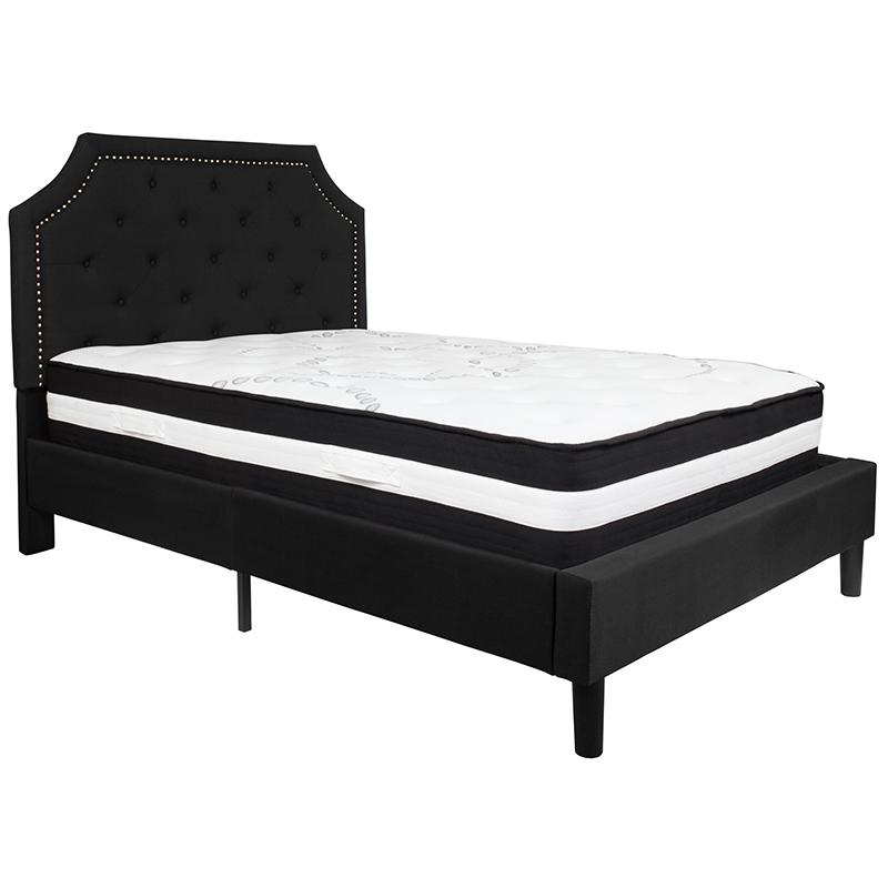 Full Size Platform Bed in Light Grey Fabric with Pocket Spring Mattress