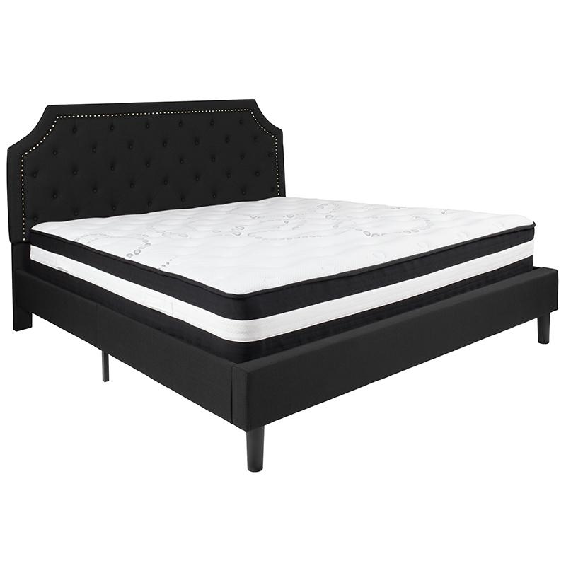 King Size Platform Bed in Light Grey Fabric with Pocket Spring Mattress