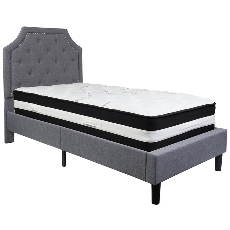 Twin Size Platform Bed in Dark Grey Fabric with Pocket Spring Mattress