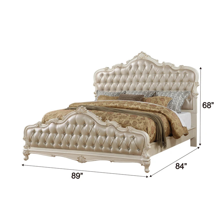 Chantelle Eastern King Bed, Rose Gold Synthetic Leather & Pearl White