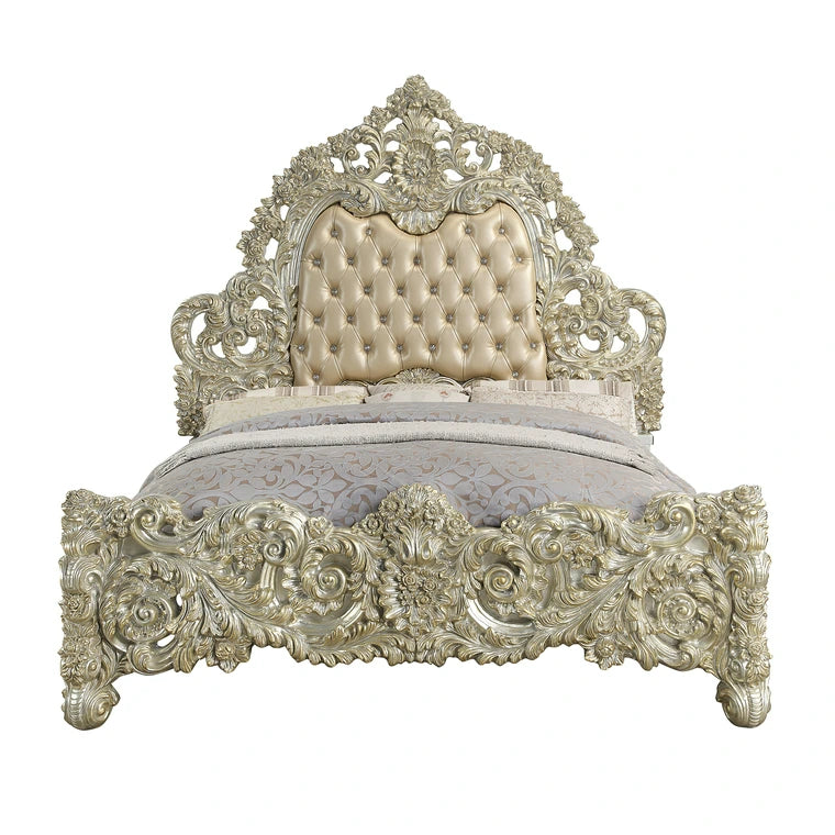 Sorina Eastern King Bed, Synthetic Leather & Antique Gold Finish