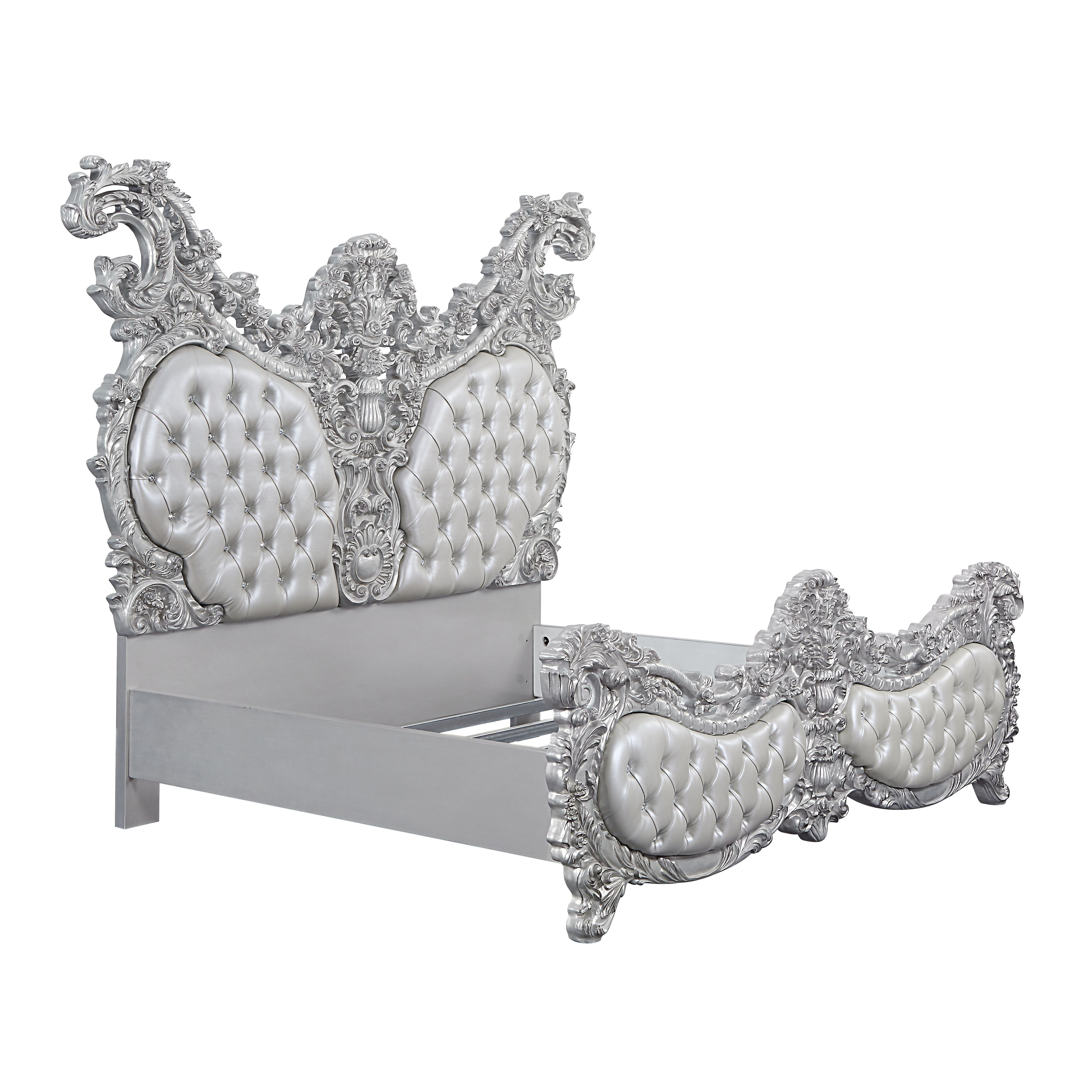 Valkyrie Eastern King Bed, Synthetic Leather, Antique Platinum Finish