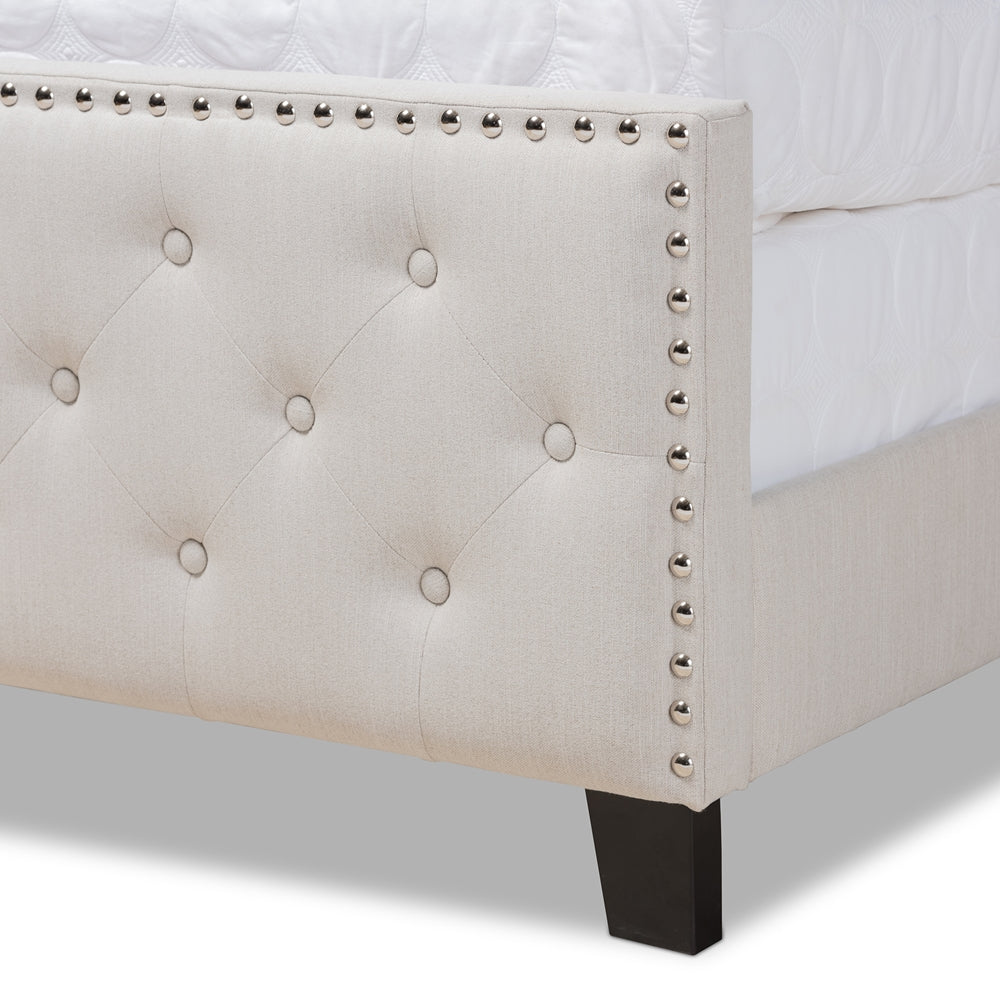 Marion Beige Fabric Upholstered Button Tufted Queen Size Panel Bed