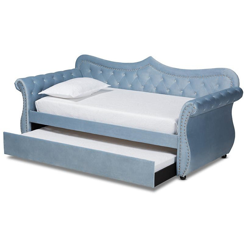 Abbie Light Blue Velvet and Crystal Tufted Twin Size Daybed with Trundle