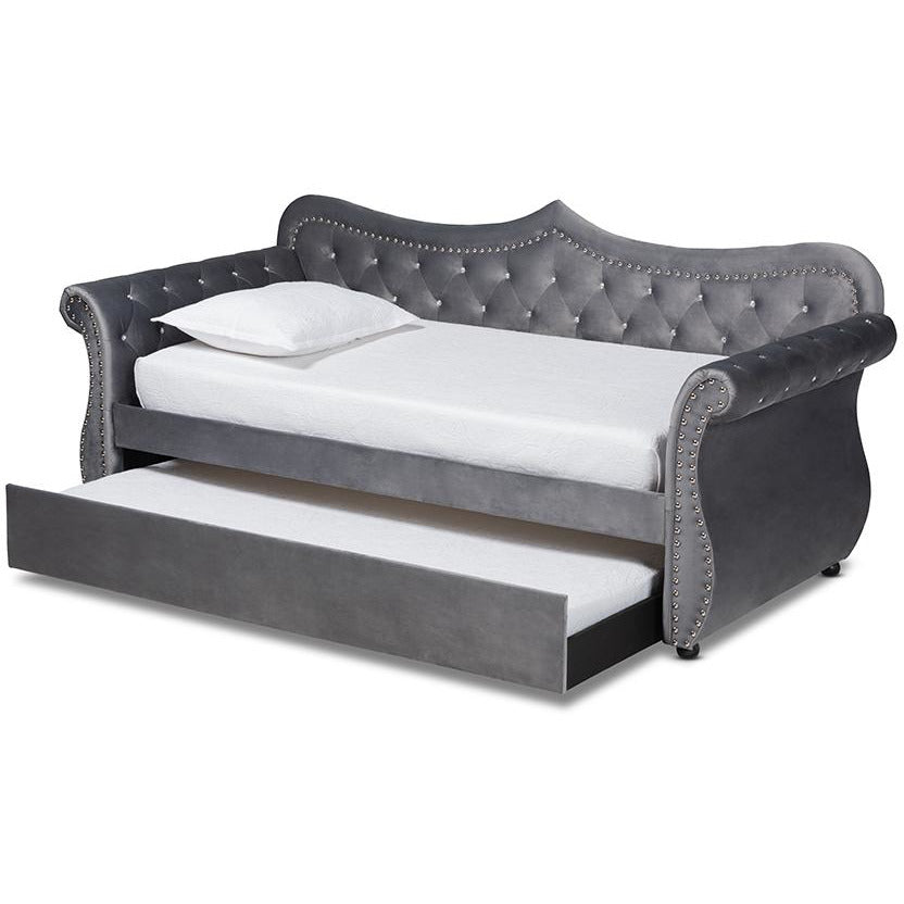 Abbie and Grey Velvet and Crystal Tufted Twin Size Daybed with Trundle