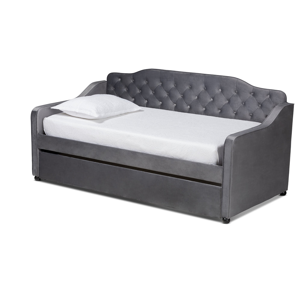 Freda Grey Velvet Fabric Upholstered And Button Tufted Twin Size Daybed With Trundle