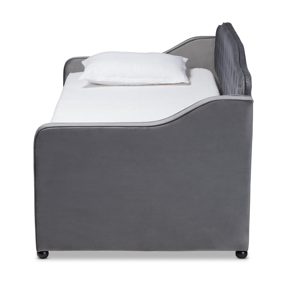 Freda Grey Velvet Fabric Upholstered And Button Tufted Twin Size Daybed With Trundle