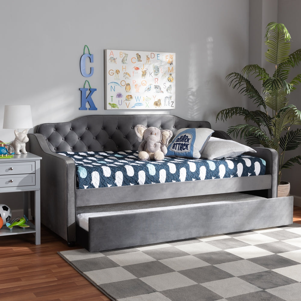 Freda Grey Velvet Fabric Upholstered And Button Tufted Twin Size Daybed With Trundle