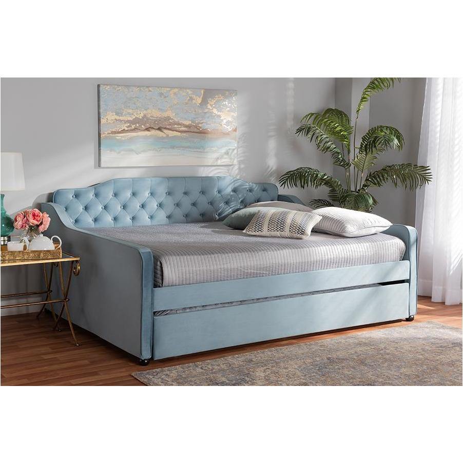 Freda Light Blue Velvet and Button Tufted Queen Size Daybed with Trundle