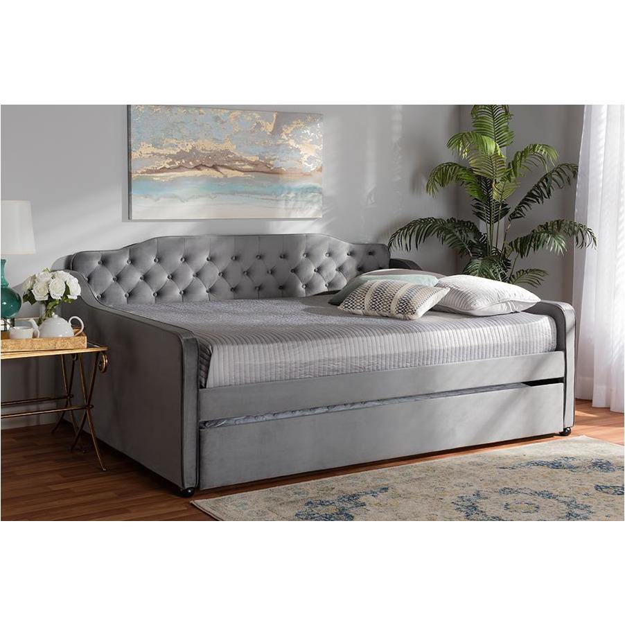 Freda Grey Velvet Fabric and Button Tufted Queen Size Daybed with Trundle