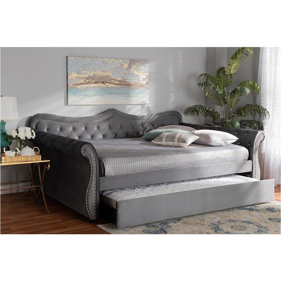 Abbie Grey Velvet Fabric and Crystal Tufted Full Size Daybed with Trundle