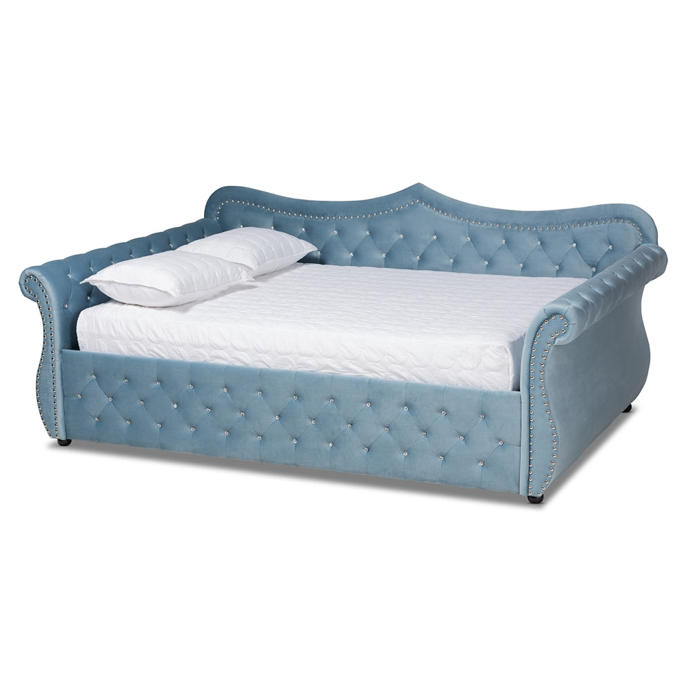 Abbie Light Blue Velvet Fabric and Crystal Tufted Full Size Daybed