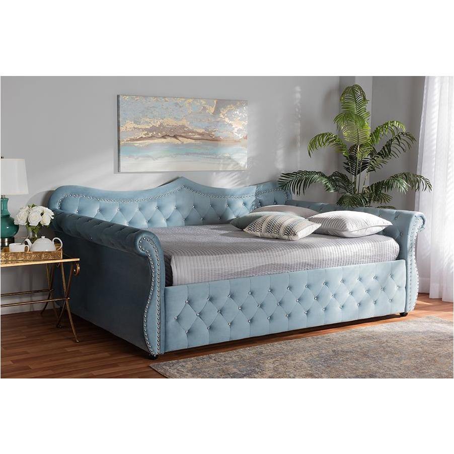 Abbie Light Blue Velvet Fabric and Crystal Tufted Full Size Daybed