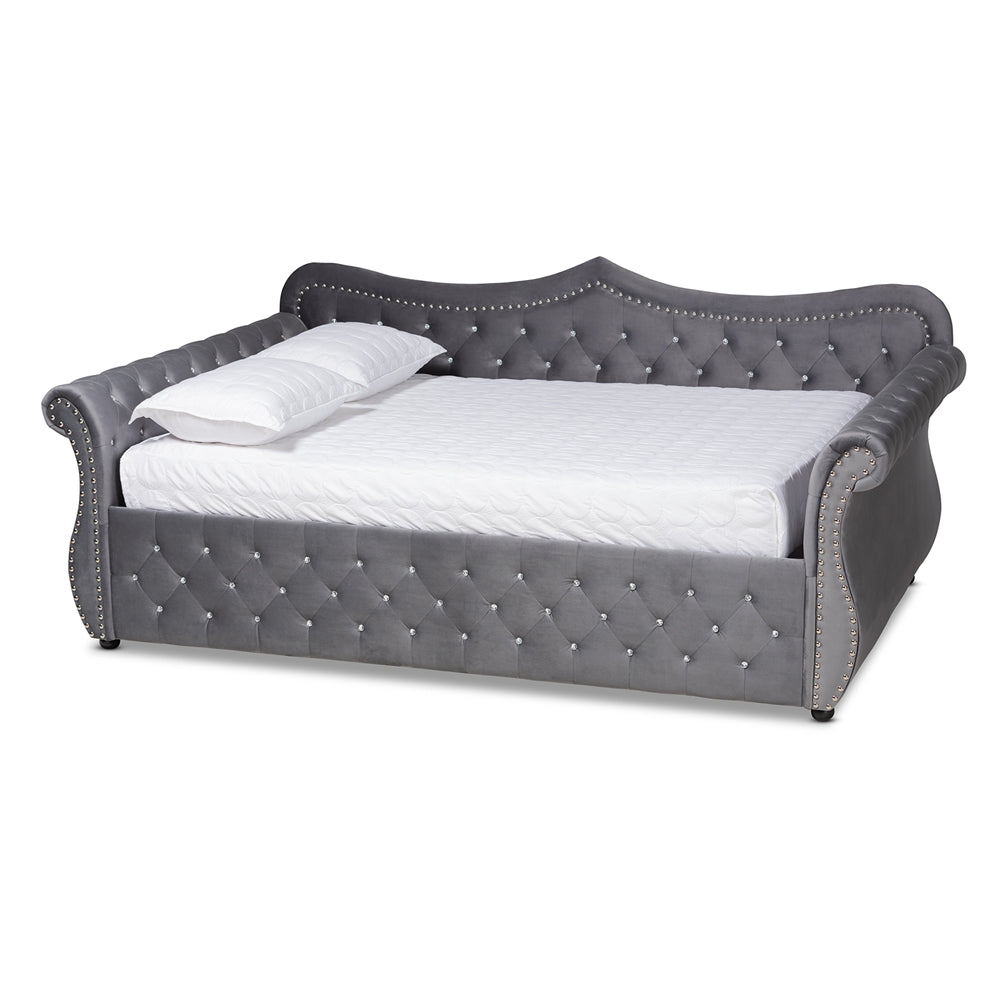 Abbie Grey Velvet Fabric Upholstered and Crystal Tufted Full Size Daybed