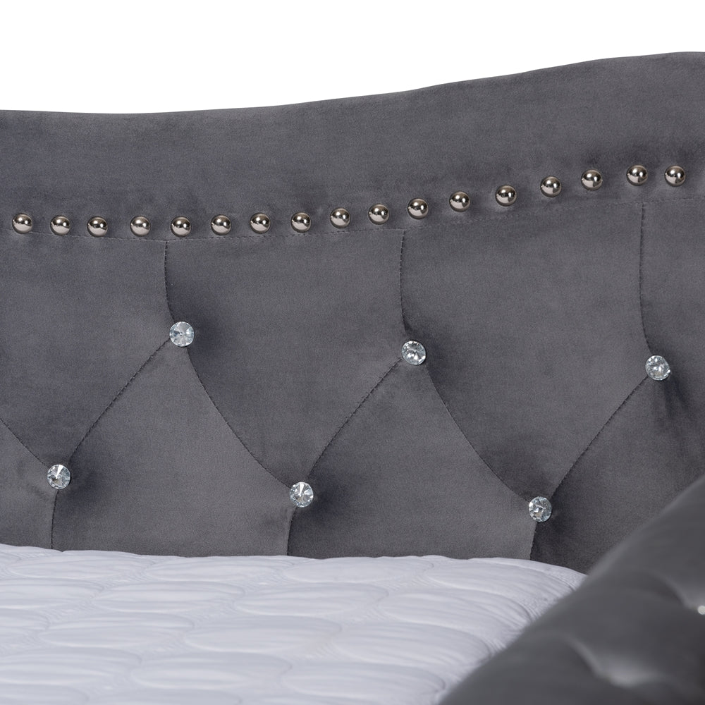 Abbie Grey Velvet Fabric Upholstered and Crystal Tufted Full Size Daybed