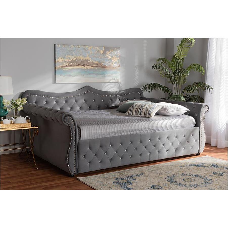 Abbie Grey Velvet Fabric Upholstered and Crystal Tufted Full Size Daybed