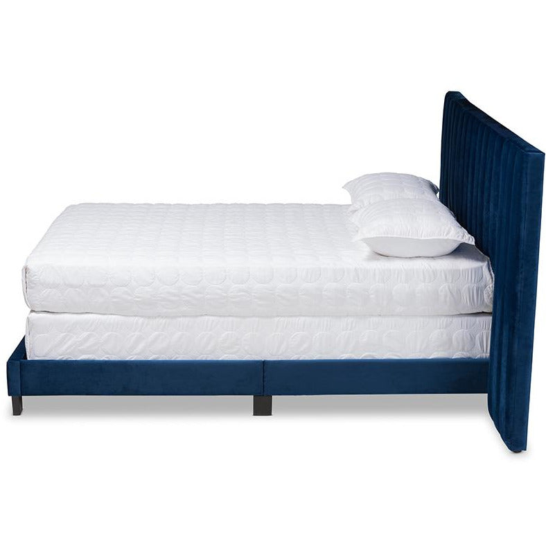 Fiorenza Navy Blue Velvet Queen Size Panel Bed with Tufted Headboard