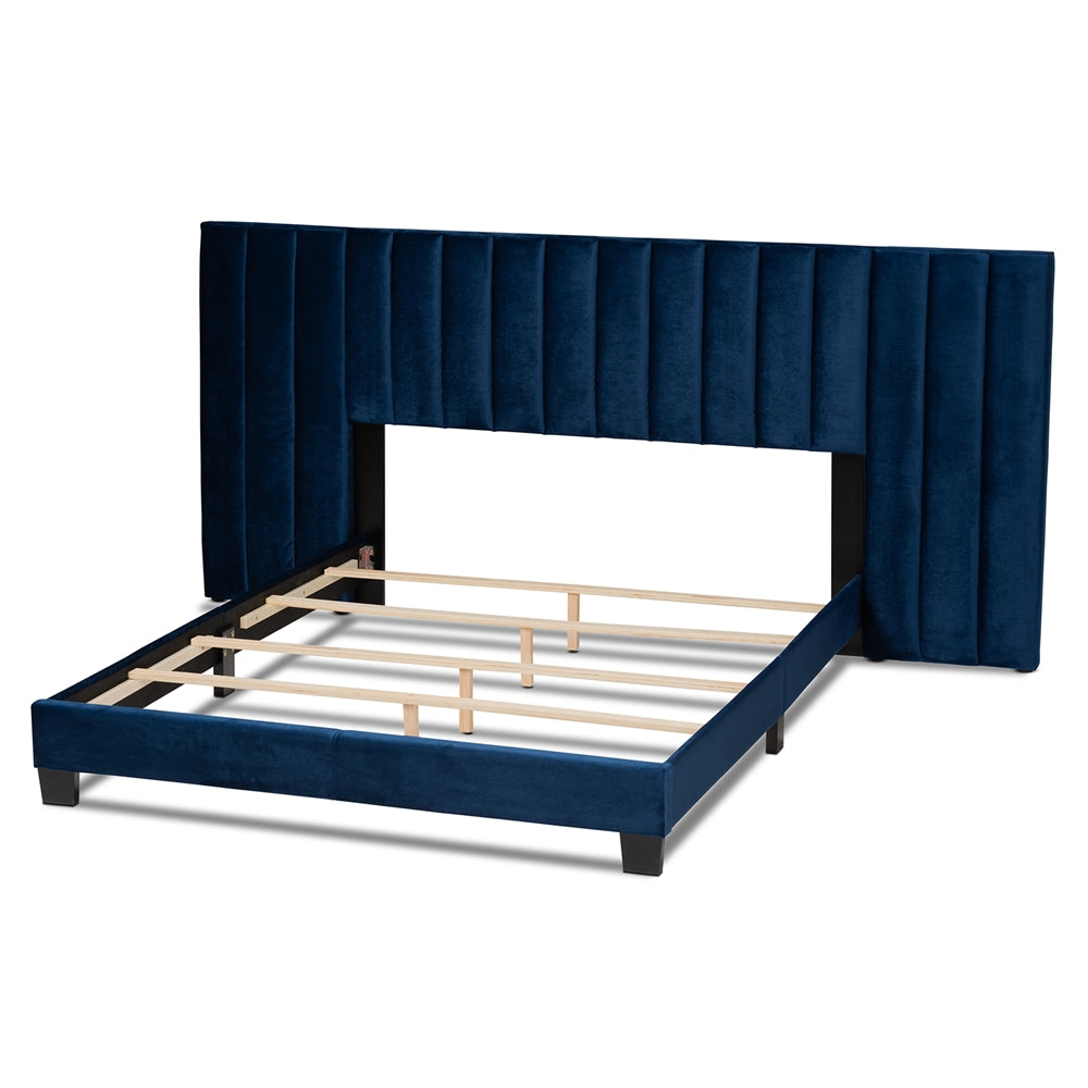 Fiorenza Navy Blue Velvet Queen Size Panel Bed with Tufted Headboard