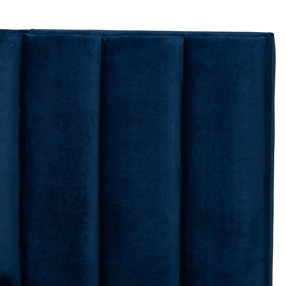 Fiorenza Navy Blue Velvet Queen Size Panel Bed with Tufted Headboard