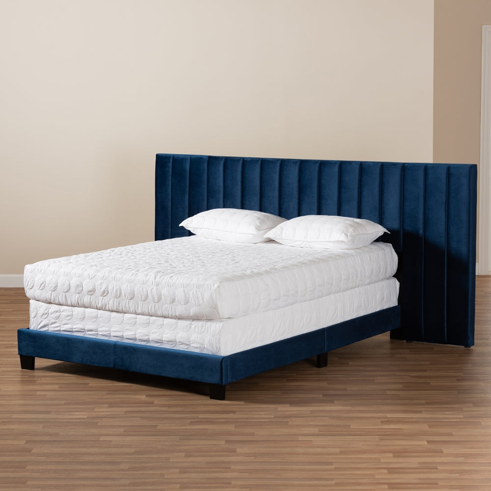 Fiorenza Navy Blue Velvet Queen Size Panel Bed with Tufted Headboard