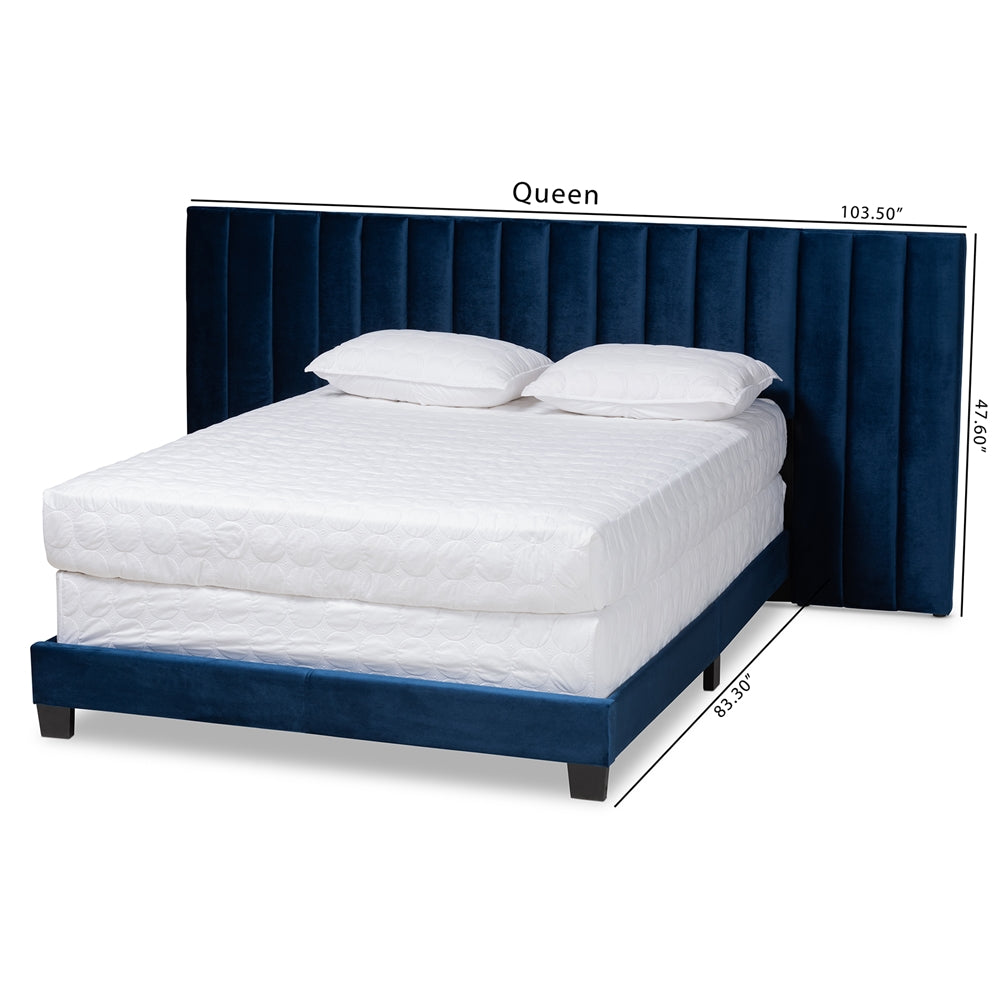 Fiorenza Navy Blue Velvet Queen Size Panel Bed with Tufted Headboard