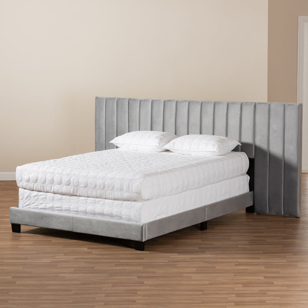 Fiorenza Glam Grey Velvet King Size Panel Bed with Extra Tufted Headboard