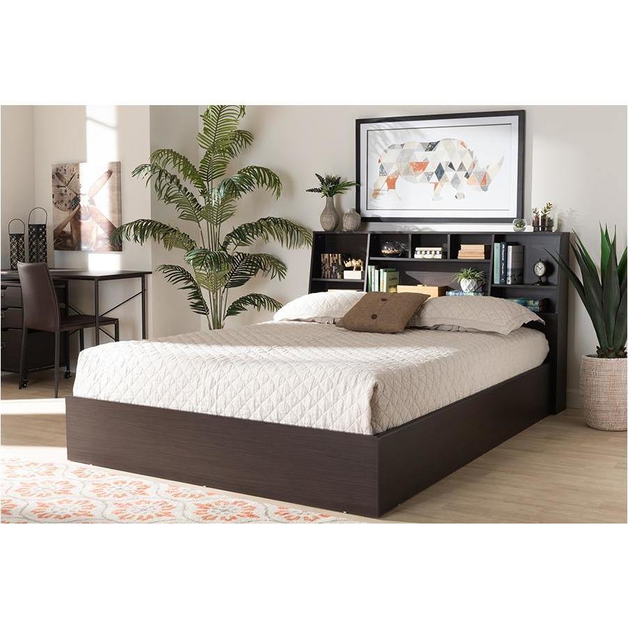Geoffrey Dark Brown Finished Wood Queen Size Bed with Shelves