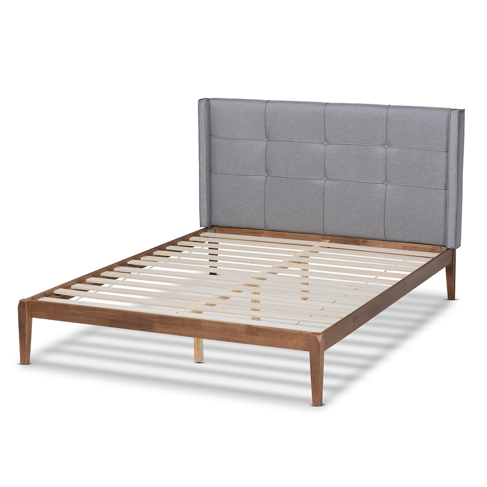 Edmond Grey Fabric and Ash Walnut Brown Finished Wood King Size Bed