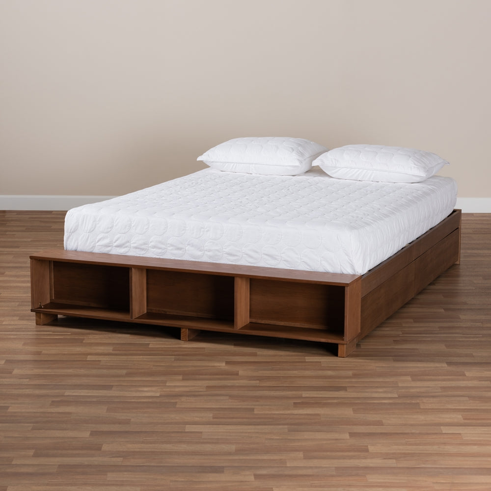 Arthur Ash Walnut Brown Finished Queen Size Bed With Built-In Shelves