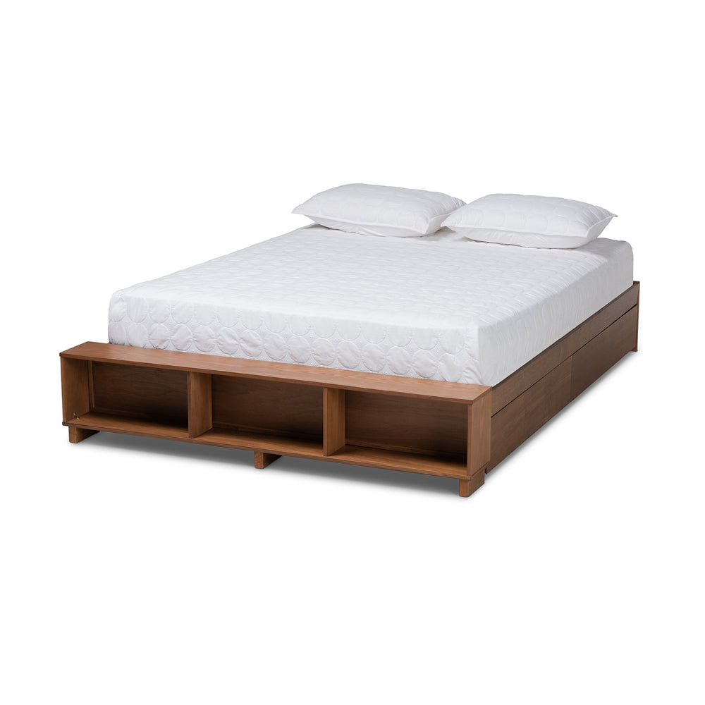 Arthur Ash Walnut Brown Finished Queen Size Bed With Built-In Shelves