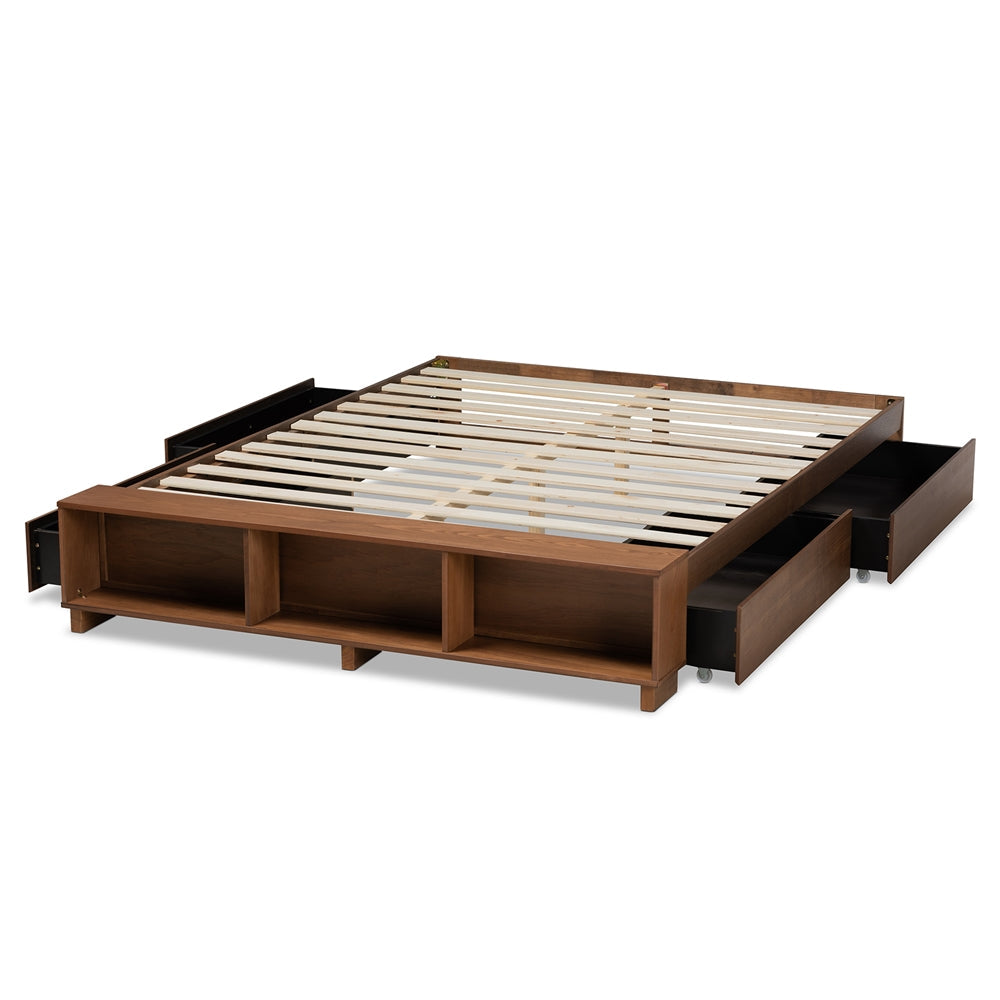 Arthur Ash Walnut Brown Finished King Size Bed With Built-In Shelves