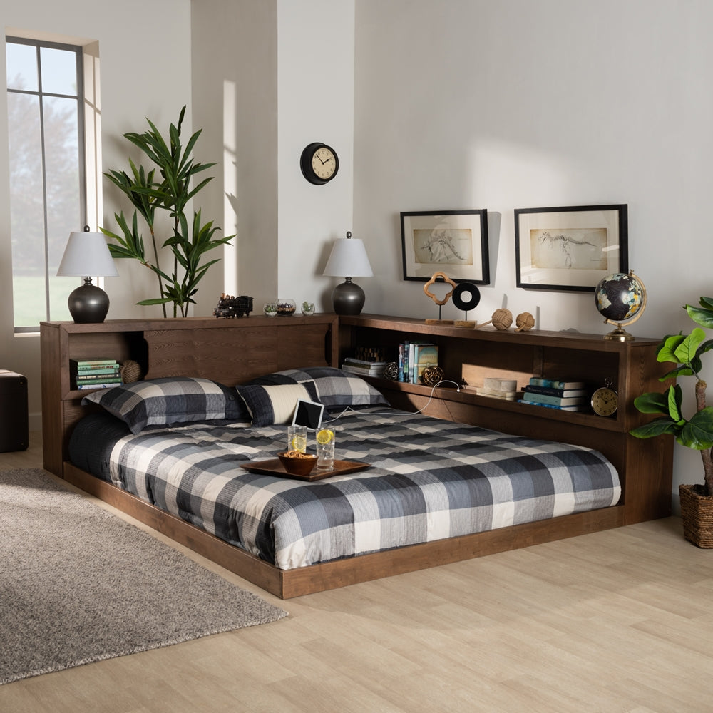 Erie Queen Bed Walnut Brown Modern Rustic Outlet & Storage Features
