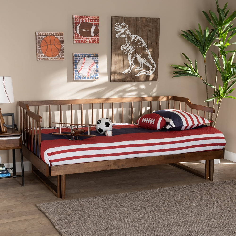 Muriel Modern And Transitional Walnut Brown Finished Wood Expandable Twin Size To King Size Spindle Daybed