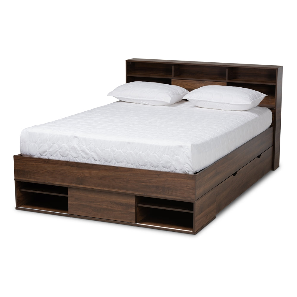 Tristan Walnut Brown Finished 1-Drawer Queen Size Storage Bed With Shelves