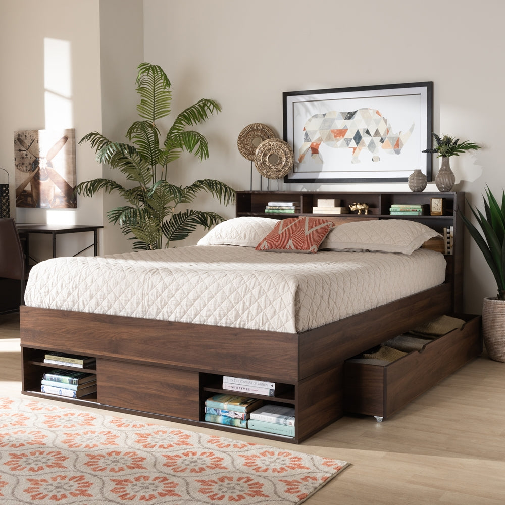 Tristan Walnut Brown Finished 1-Dr Queen Size Storage Bed with Shelves